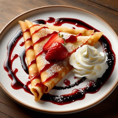 Crepes servidos en un plato con nata, fresas y mermerlada.